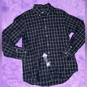 Ralph Lauren Classic Men's Plaid Shirt Green Navy gold Long Sleeve L green pony